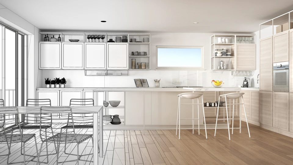 Cuisine moderne ouverte avec îlot central, sièges hauts blancs, table à manger avec chaises transparentes