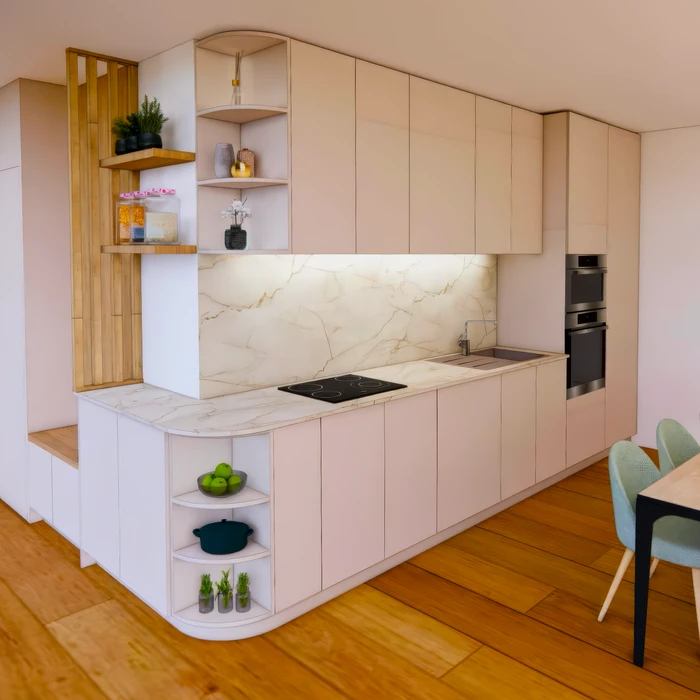 Cuisine moderne au design épuré, caissons et façades de placards rose poudré mat, plan de travail et crédence en marbre Calacatta rétroéclairé