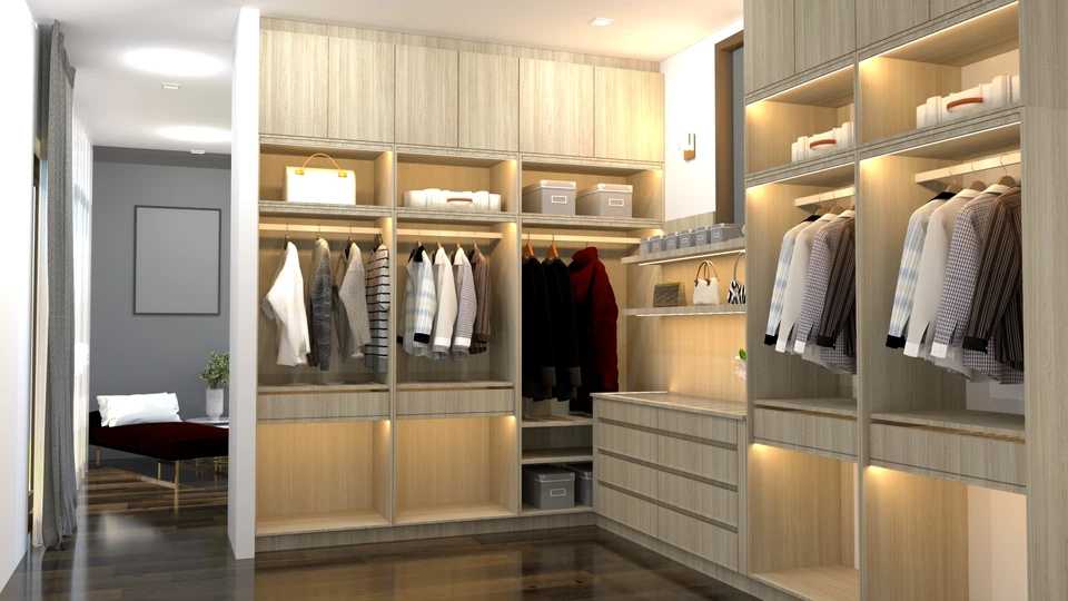 Chambre et dressing style loft design intérieur, lit en bois et mobilier en bois, mur en brique blanche et parquet, rendu 3d