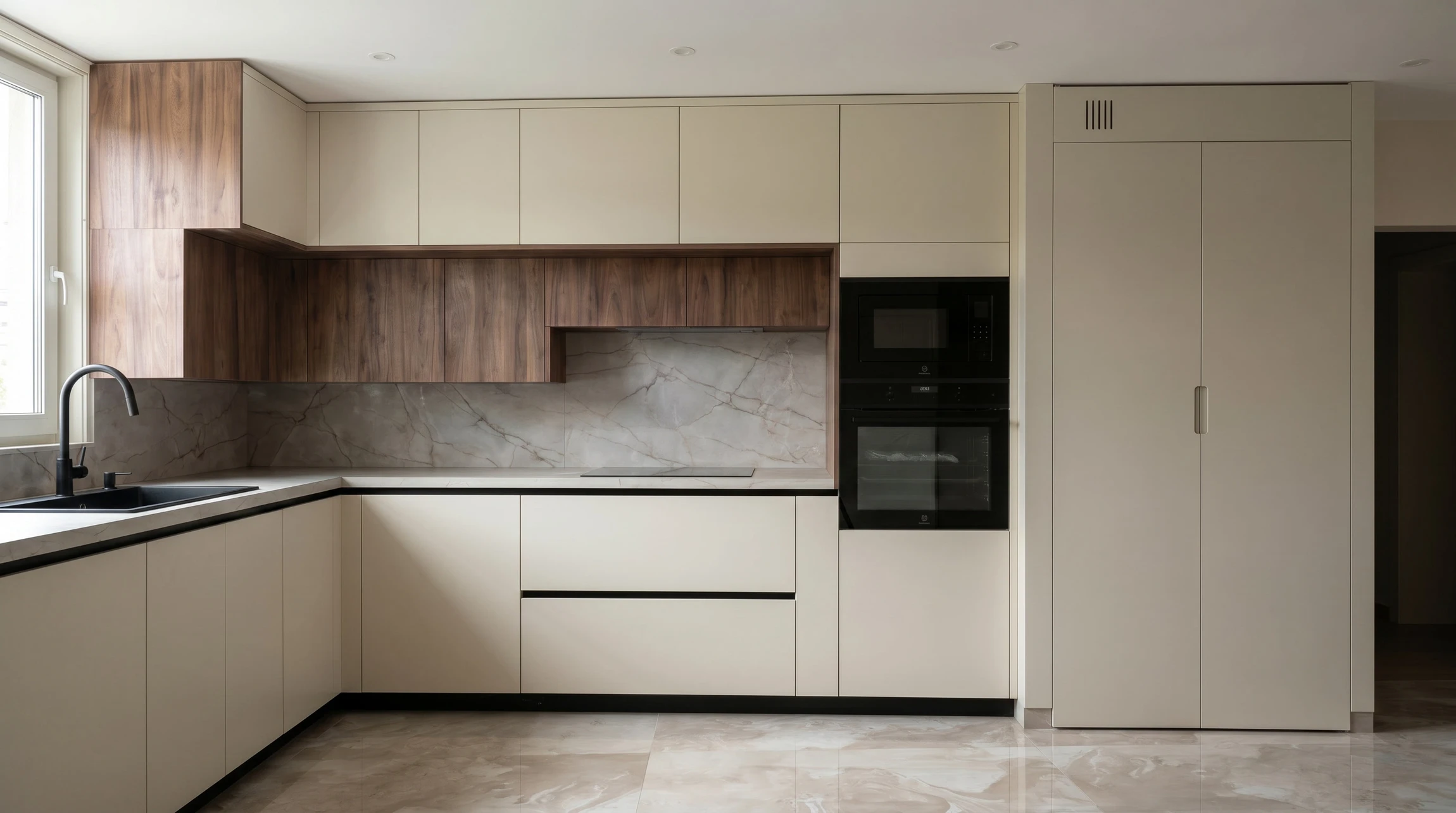 Cuisine moderne en L, finitions laquées crème mat, façades sans poignées à profil noir