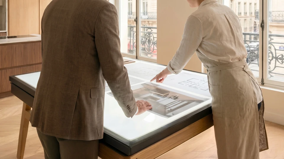 Scène d'intérieur avec deux personnes consultant des plans d'architecture sur parquet bois