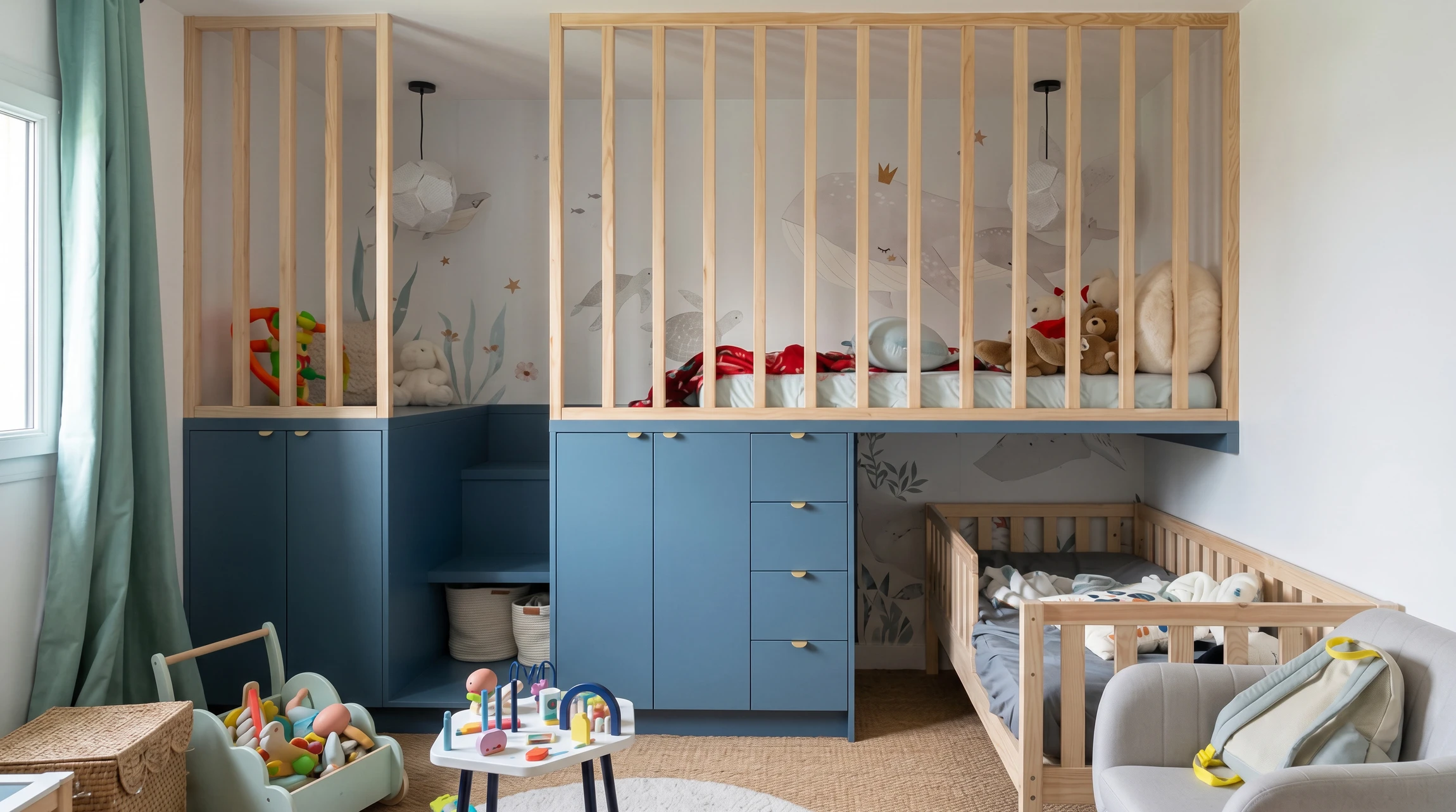 Photographie d'un intérieur de salon moderne et élégant présentant un agencement sur mesure complet : bibliothèque en bois ou placards intégrés harmonieusement dans l'espace, association de mobilier contemporain haut de gamme, finitions nobles visibles, ambiance lumineuse et épurée, mise en scène professionnelle d'un projet d'agencement résidentiel premium.