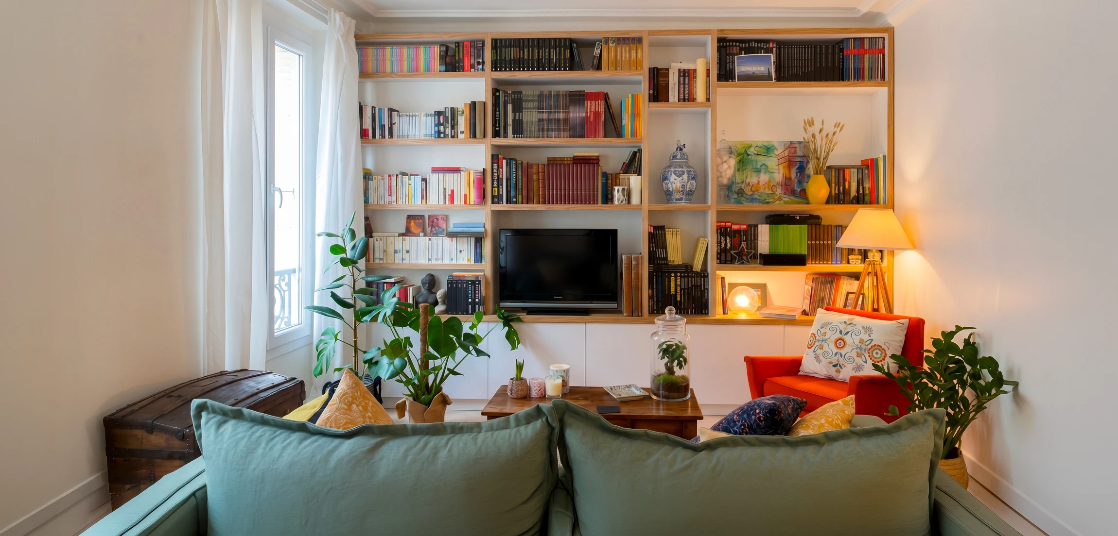 Intérieur moderne avec pièce principale ouverte, murs blancs immaculés, multiple ouvertures et portes contemporaines à panneaux horizontaux sombres